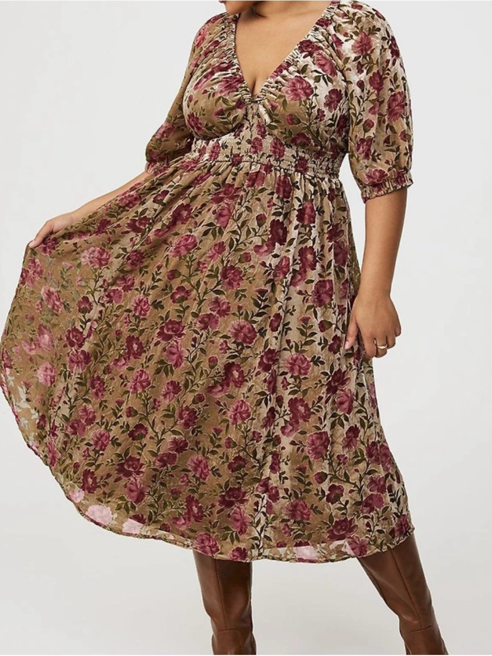 Torrid Gold and Pink Velvet Floral Puff-Sleeve Midi Dress - Picture 2 of 10